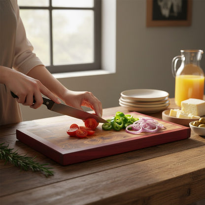Professional End Grain Olive Wood Butcher Block with Exotic Red Wood Frame - Large 45cm Chopping Board
