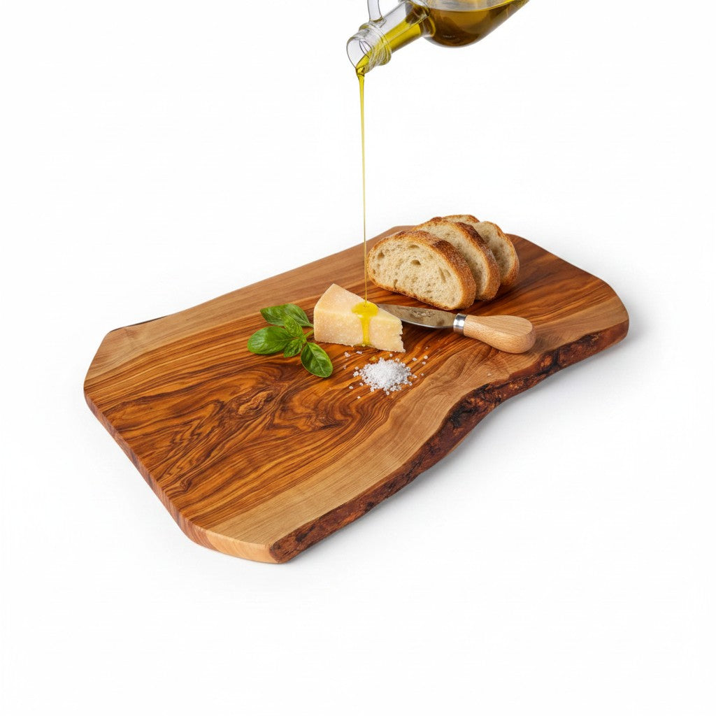 Handmade Olive Wood Live Edge Cutting Board — Rustic Charcuterie & Serving Board | Natural Bark Edge | Choose Your Size