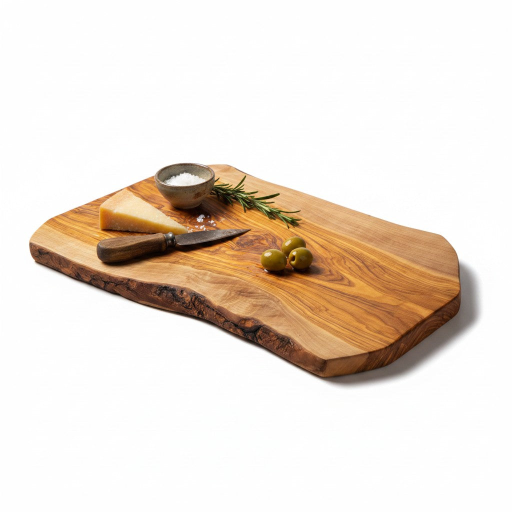 Handmade Olive Wood Live Edge Cutting Board — Rustic Charcuterie & Serving Board | Natural Bark Edge | Choose Your Size