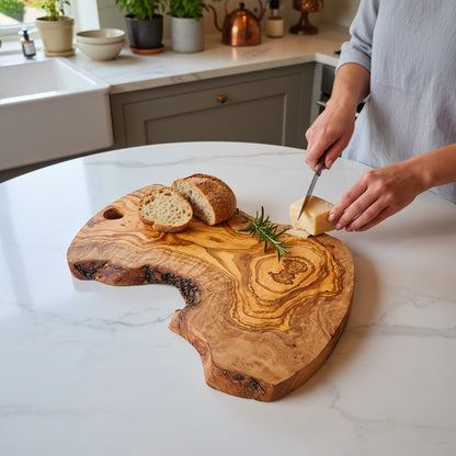 Handmade Olive Wood Freeform Charcuterie Board with Hanging Hole | Live Bark Edge Cheese & Antipasti Serving Board | Unique Grain | 25–45 cm