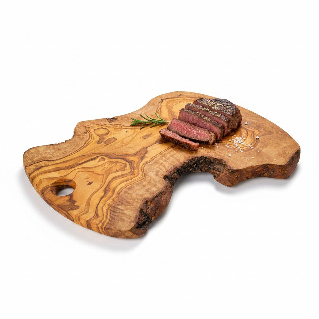 Handmade Olive Wood Freeform Charcuterie Board with Hanging Hole | Live Bark Edge Cheese & Antipasti Serving Board | Unique Grain | 25–45 cm