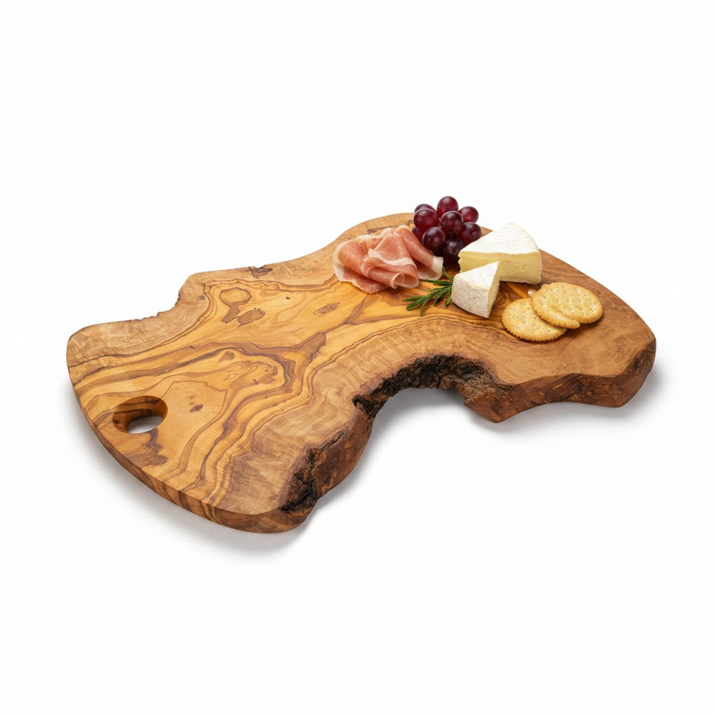 Handmade Olive Wood Freeform Charcuterie Board with Hanging Hole | Live Bark Edge Cheese & Antipasti Serving Board | Unique Grain | 25–45 cm