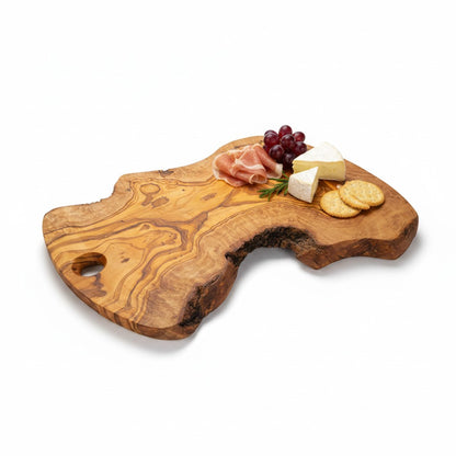 Handmade Olive Wood Freeform Charcuterie Board with Hanging Hole | Live Bark Edge Cheese & Antipasti Serving Board | Unique Grain | 25–45 cm