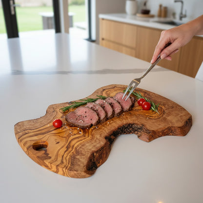 Handmade Olive Wood Freeform Charcuterie Board with Hanging Hole | Live Bark Edge Cheese & Antipasti Serving Board | Unique Grain | 25–45 cm
