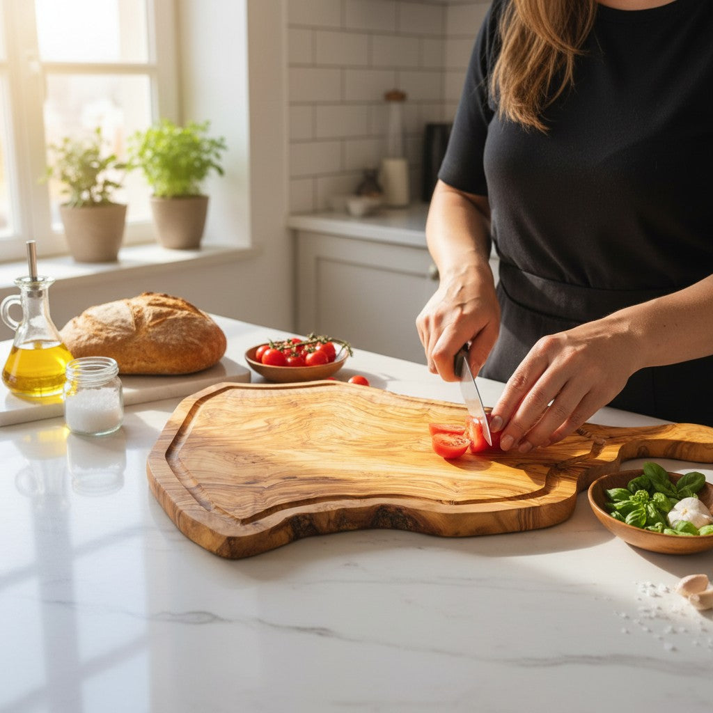 Handmade Olive Wood Freeform Meat Carving Board with Handle & Juice Groove | Live Edge Steak & Serving Board | Natural Grain | 45–60 cm