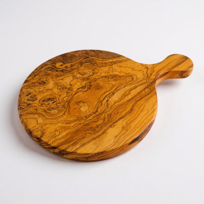 Handmade Olive Wood Round Pizza Board with Handle | Wooden Pizza Serving Paddle & Cheese Board | Natural Grain | 18–35 cm