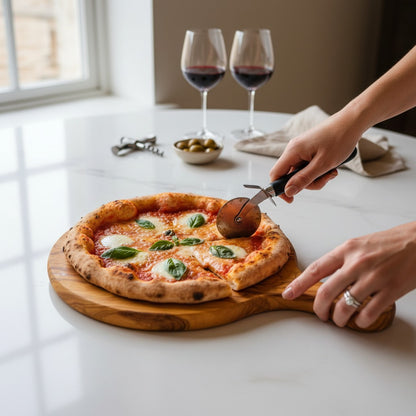 Handmade Olive Wood Round Pizza Board with Handle | Wooden Pizza Serving Paddle & Cheese Board | Natural Grain | 18–35 cm