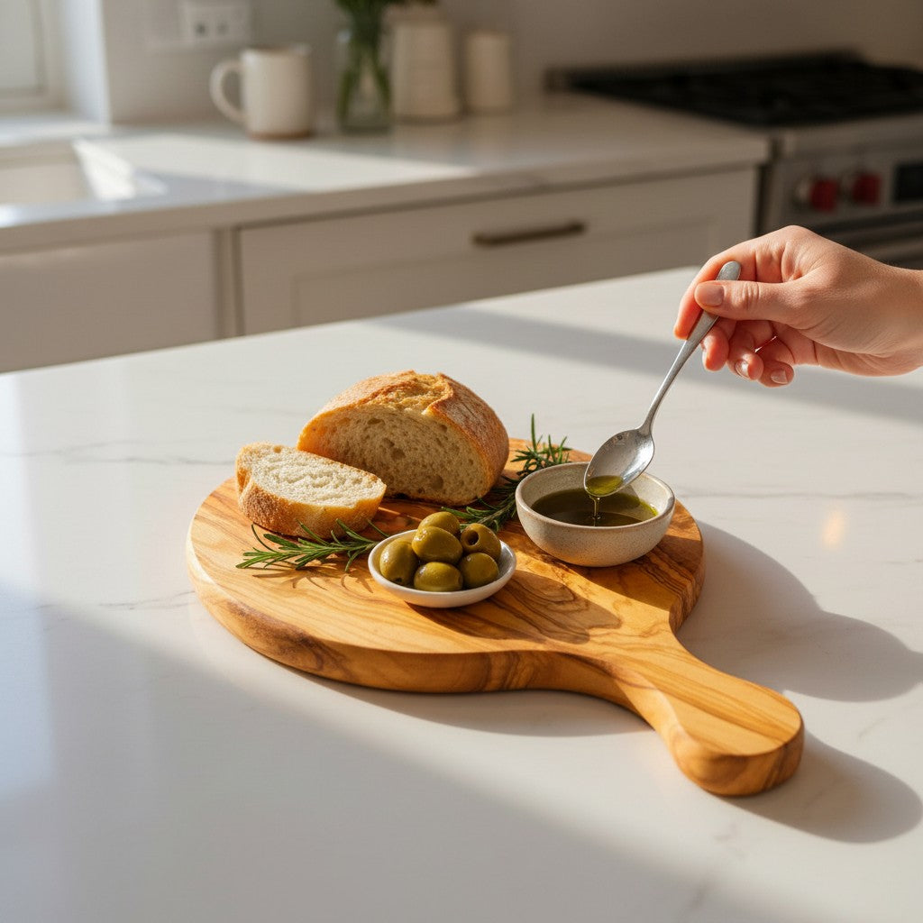 Handmade Olive Wood Round Pizza Board with Handle | Wooden Pizza Serving Paddle & Cheese Board | Natural Grain | 18–35 cm