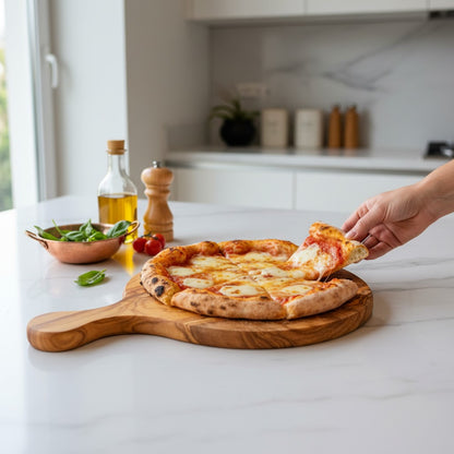 Handmade Olive Wood Round Pizza Board with Handle | Wooden Pizza Serving Paddle & Cheese Board | Natural Grain | 18–35 cm