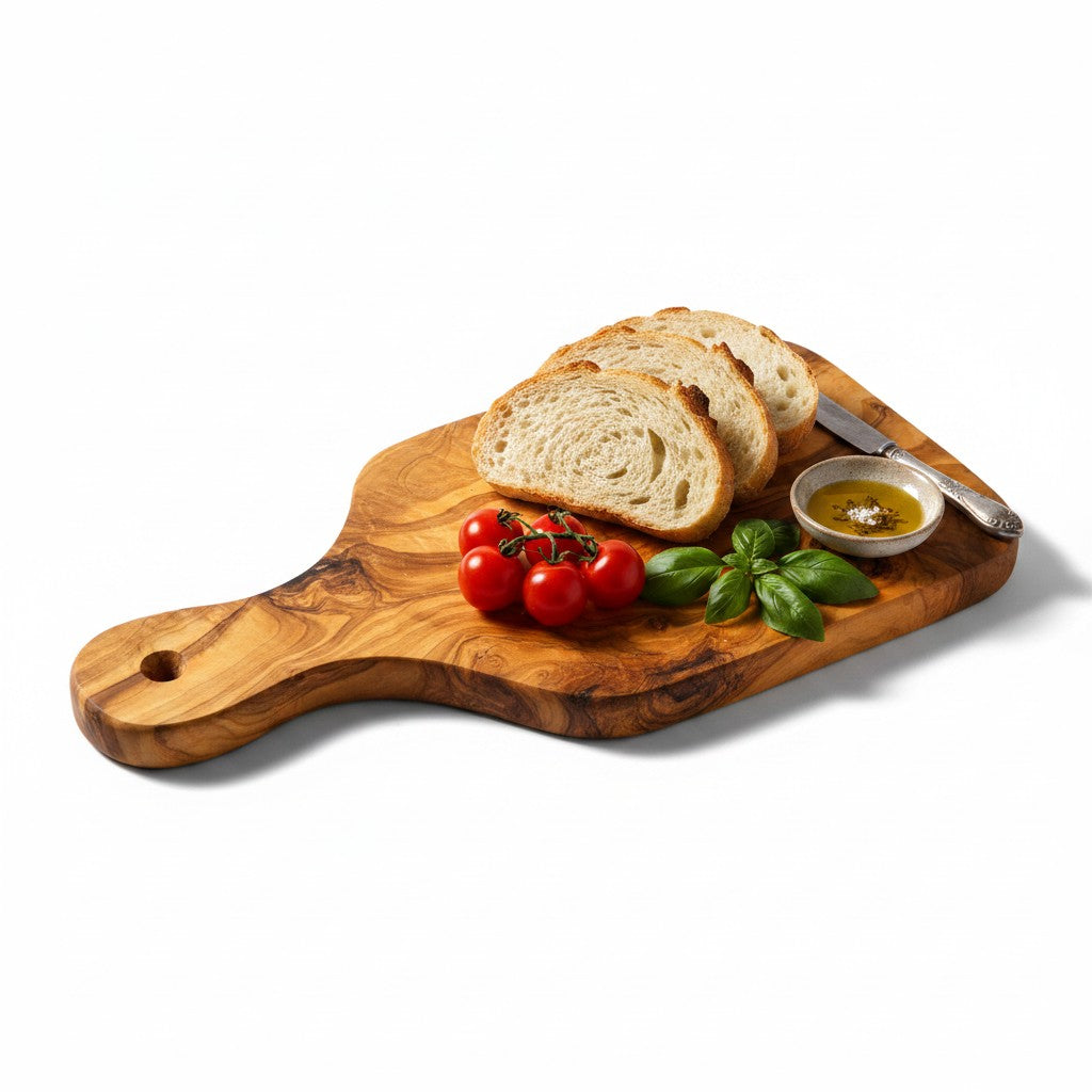 Handmade Olive Wood Paddle Cutting Board with Handle & Hanging Hole | Rustic Bread Herb Chopping & Serving Board | Natural Grain | 23–31 cm