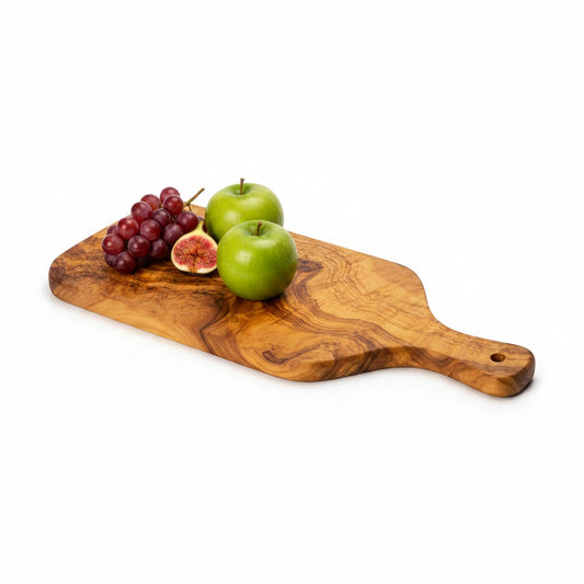 Handmade Olive Wood Rectangular Paddle Board with Handle & Hanging Hole | Live Edge Fruit Cheese & Serving Board | Unique Burl Grain | 33–45 cm