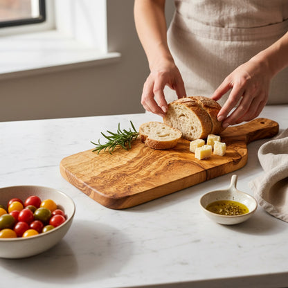 Handmade Olive Wood Paddle Cutting Board with Handle & Hanging Hole | Rustic Bread Herb Chopping & Serving Board | Natural Grain | 23–31 cm