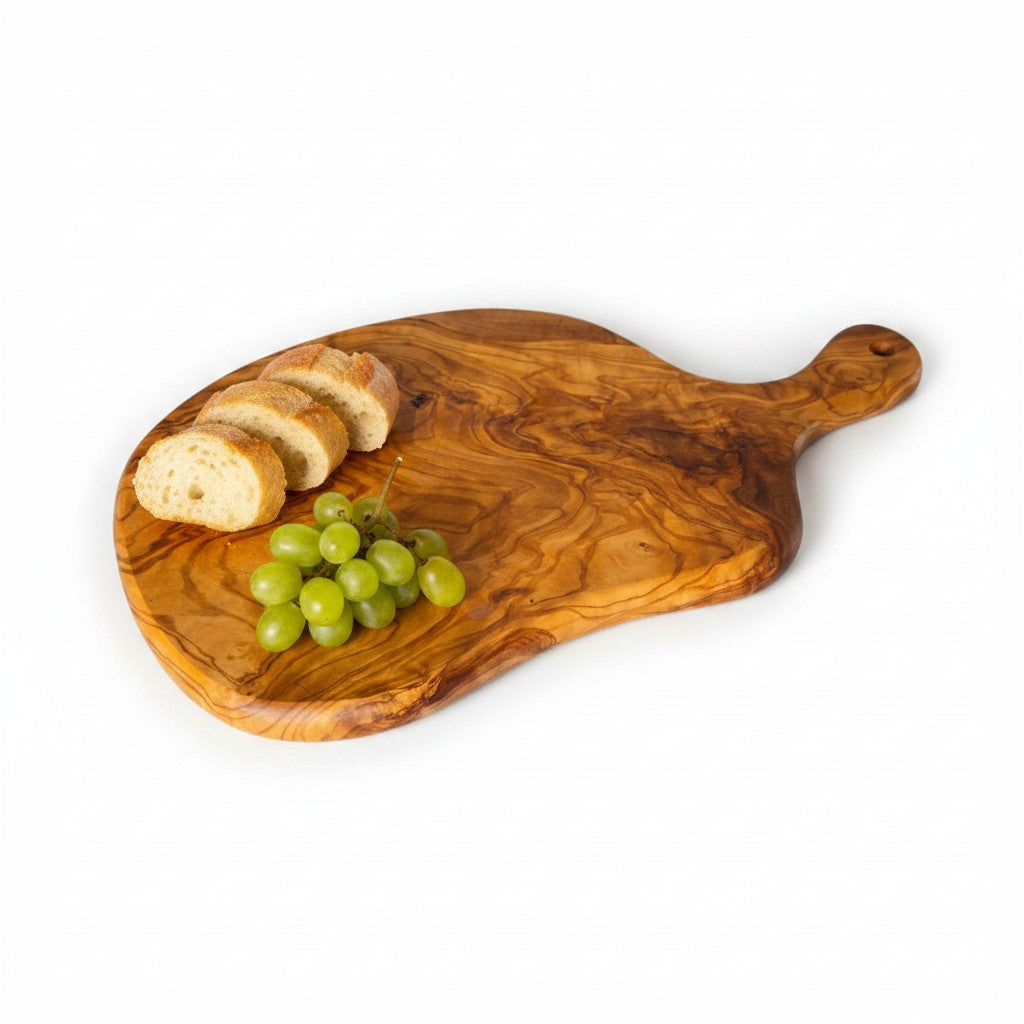 Handmade Olive Wood Round Freeform Charcuterie Board with Handle | Large Live Edge Cheese & Antipasti Serving Board | Bold Natural Grain | 33–46 cm
