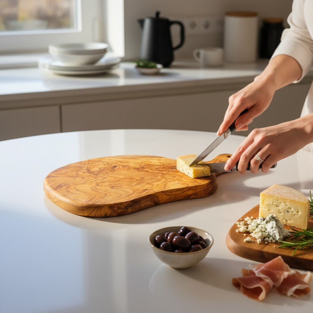Handmade Olive Wood Round Freeform Charcuterie Board with Handle | Large Live Edge Cheese & Antipasti Serving Board | Bold Natural Grain | 33–46 cm