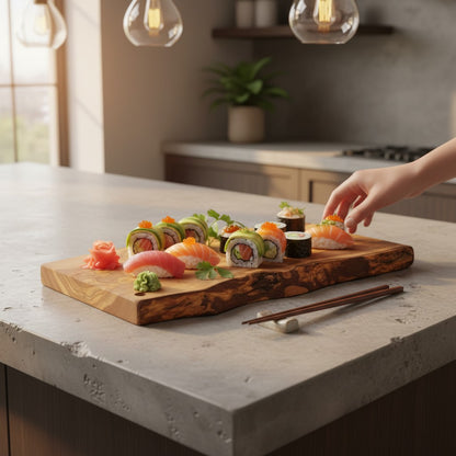 Handmade Olive Wood Rectangular Cutting Board | Live Edge Burl Grain Charcuterie & Serving Board | Hanging Hole | 30 cm