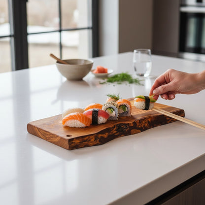 Handmade Olive Wood Rectangular Cutting Board | Live Edge Burl Grain Charcuterie & Serving Board | Hanging Hole | 30 cm