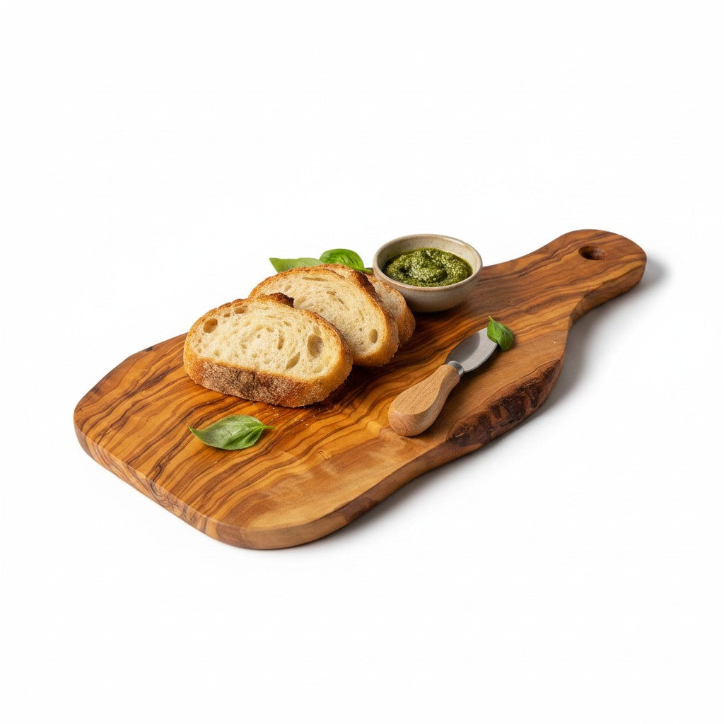 Handmade Olive Wood Live Edge Bread Board with Handle & Hanging Hole | Rustic Paddle Serving Board for Bread Cheese & Antipasti | 28 cm