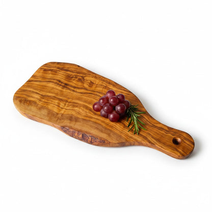 Handmade Olive Wood Live Edge Bread Board with Handle & Hanging Hole | Rustic Paddle Serving Board for Bread Cheese & Antipasti | 28 cm