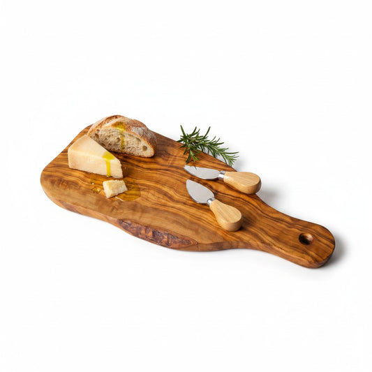 Handmade Olive Wood Live Edge Bread Board with Handle & Hanging Hole | Rustic Paddle Serving Board for Bread Cheese & Antipasti | 28 cm