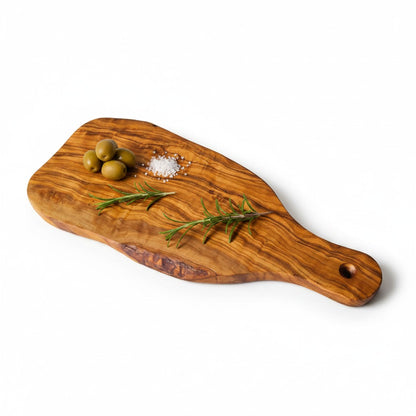 Handmade Olive Wood Live Edge Bread Board with Handle & Hanging Hole | Rustic Paddle Serving Board for Bread Cheese & Antipasti | 28 cm