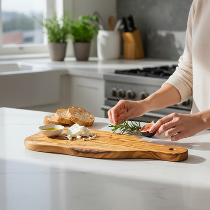 Handmade Olive Wood Live Edge Bread Board with Handle & Hanging Hole | Rustic Paddle Serving Board for Bread Cheese & Antipasti | 28 cm