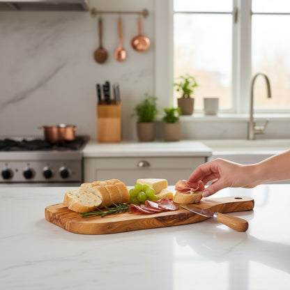 Handmade Olive Wood Live Edge Bread Board with Handle & Hanging Hole | Rustic Paddle Serving Board for Bread Cheese & Antipasti | 28 cm