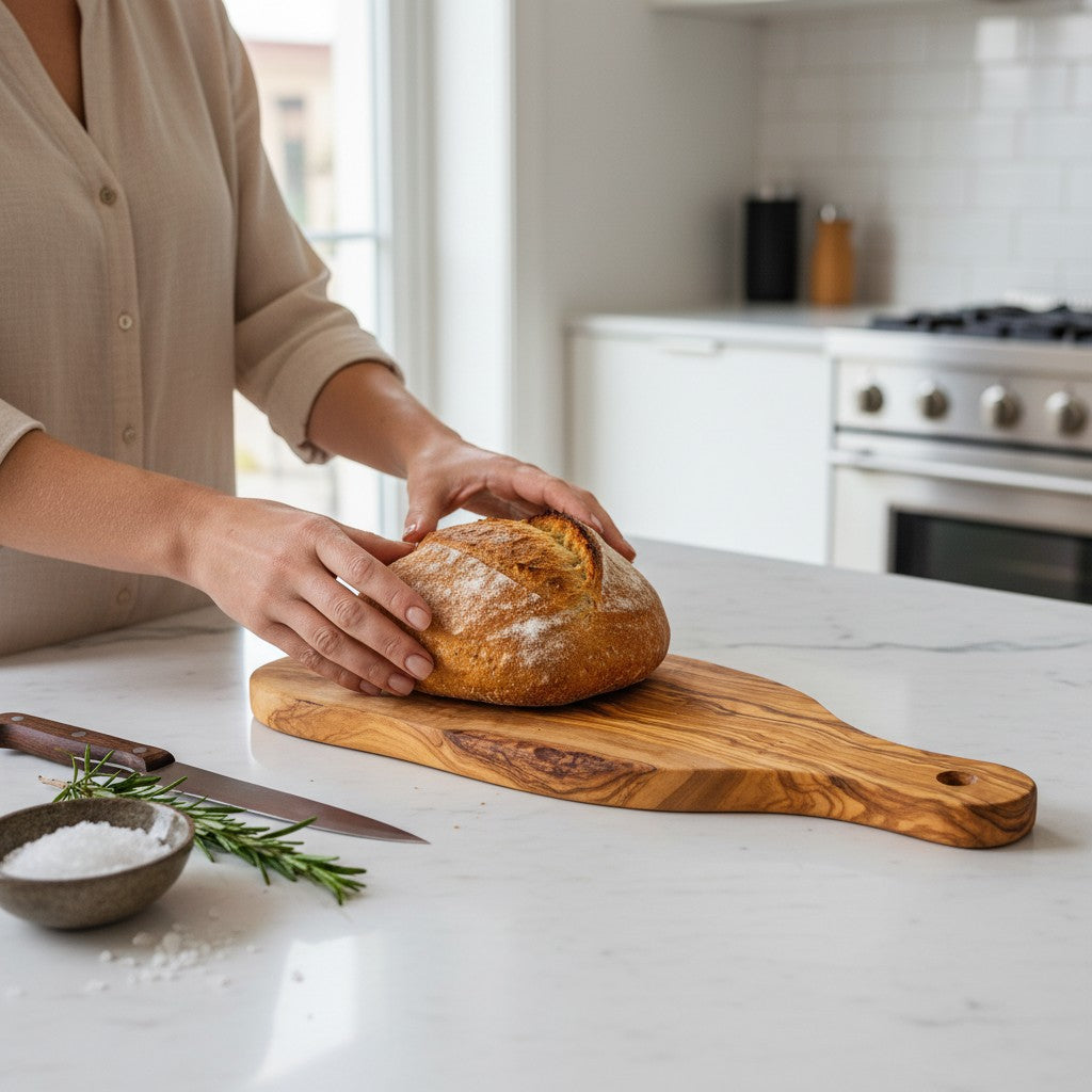 Handmade Olive Wood Live Edge Bread Board with Handle & Hanging Hole | Rustic Paddle Serving Board for Bread Cheese & Antipasti | 28 cm