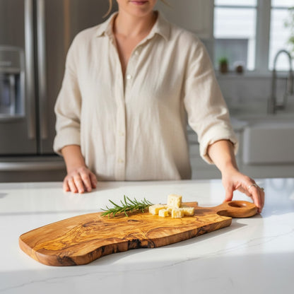Handmade Olive Wood Freeform Serving Board with Round Loop Handle | Live Edge Cheese Charcuterie & Antipasti Board | Unique Grain | 35–50 cm