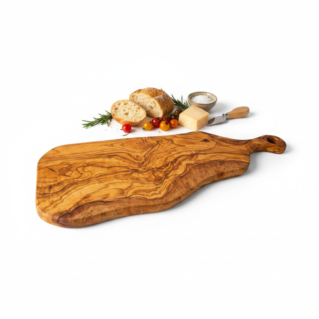 Handcrafted Olive Wood Charcuterie Board - Live Edge Serving Platter with Handle - Natural Rustic Cheese Board &amp; Cutting Surface