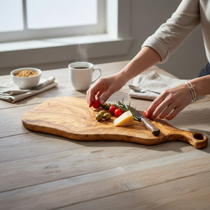 Handcrafted Olive Wood Charcuterie Board - Live Edge Serving Platter with Handle - Natural Rustic Cheese Board &amp; Cutting Surface