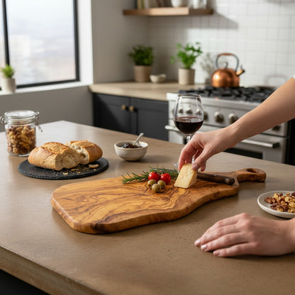 Handcrafted Olive Wood Charcuterie Board - Live Edge Serving Platter with Handle - Natural Rustic Cheese Board &amp; Cutting Surface