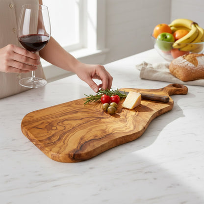 Handcrafted Olive Wood Charcuterie Board - Live Edge Serving Platter with Handle - Natural Rustic Cheese Board &amp; Cutting Surface