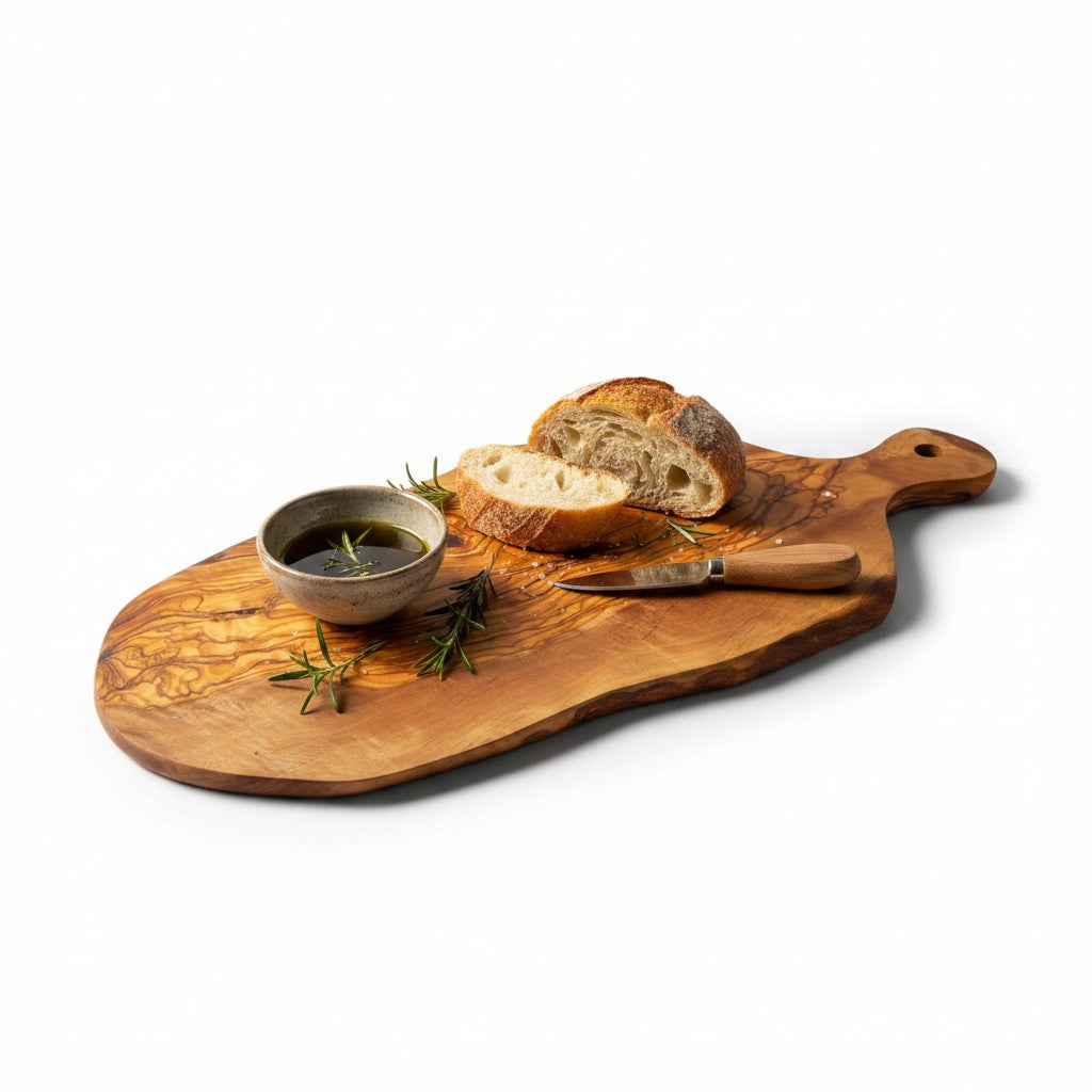 Handmade Olive Wood Teardrop Paddle Serving Board with Handle | Live Edge Charcuterie Cheese & Antipasti Board | Stunning Grain | 35–50 cm