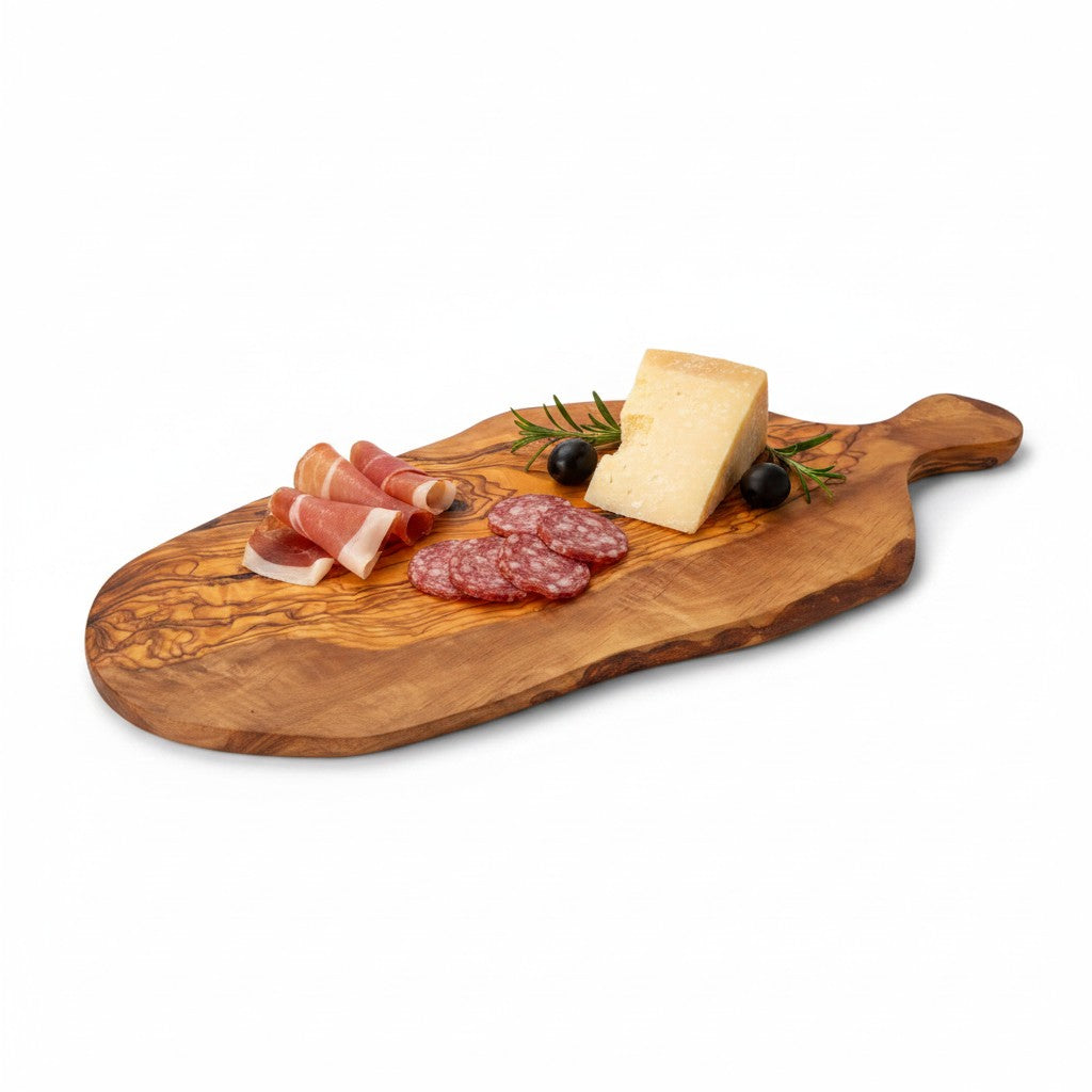 Handmade Olive Wood Teardrop Paddle Serving Board with Handle | Live Edge Charcuterie Cheese & Antipasti Board | Stunning Grain | 35–50 cm