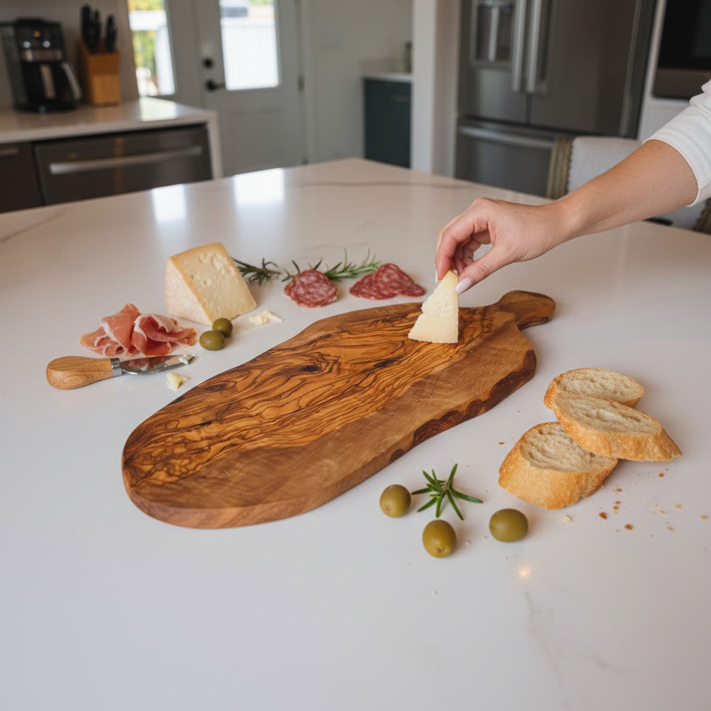 Handmade Olive Wood Teardrop Paddle Serving Board with Handle | Live Edge Charcuterie Cheese & Antipasti Board | Stunning Grain | 35–50 cm