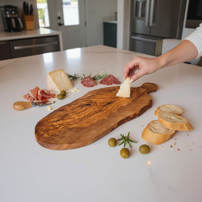 Handmade Olive Wood Teardrop Paddle Serving Board with Handle | Live Edge Charcuterie Cheese & Antipasti Board | Stunning Grain | 35–50 cm