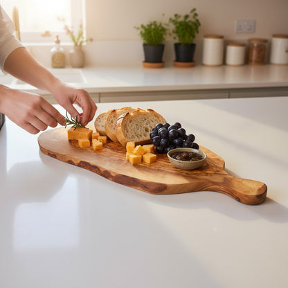 Handmade Olive Wood Teardrop Paddle Serving Board with Handle | Live Edge Charcuterie Cheese & Antipasti Board | Stunning Grain | 35–50 cm