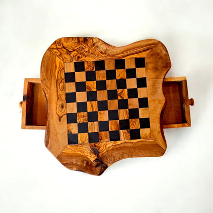 Olive Wood Wooden Handcrafted Chess Board Set W/ Pieces & Two Drawers - Perfect Unique Gift For Chess Lovers