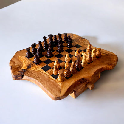 Olive Wood Wooden Handcrafted Chess Board Set W/ Pieces & Two Drawers - Perfect Unique Gift For Chess Lovers