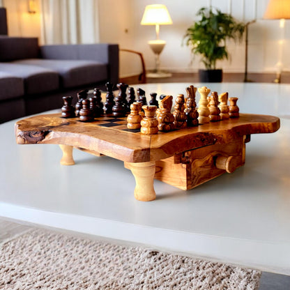 Olive Wood Wooden Handcrafted Chess Board Set W/ Pieces & Two Drawers - Perfect Unique Gift For Chess Lovers