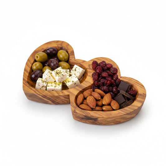 Handcrafted Olive Wood Double Heart Serving Bowl - 21cm 2-Compartment Tray