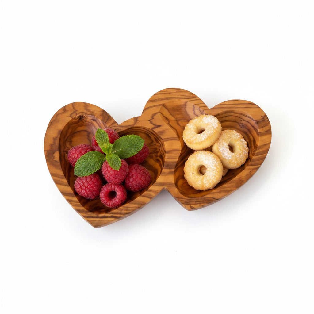 Handcrafted Olive Wood Double Heart Serving Bowl - 21cm 2-Compartment Tray