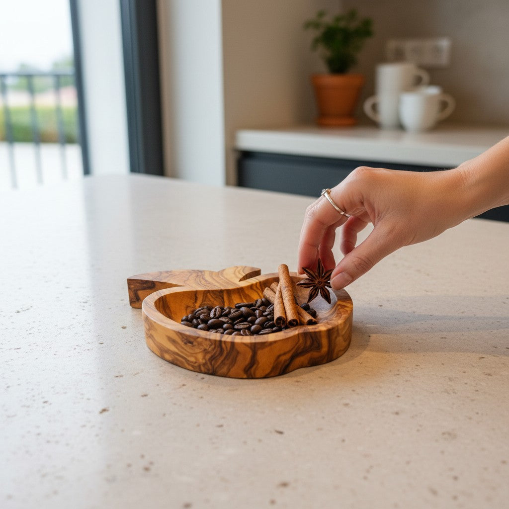 Handmade Olive Wood Apple-Shaped Snack Bowl - 14cm Decorative Serving Dish