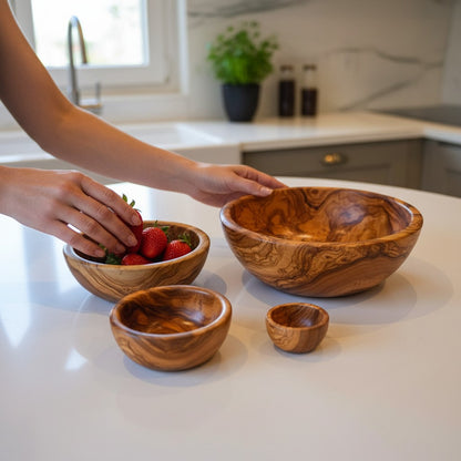 Handmade Olive Wood Bowl | Hand-Turned Wooden Salad Fruit & Serving Bowl | Beautiful Swirling Natural Grain | 6–20 cm