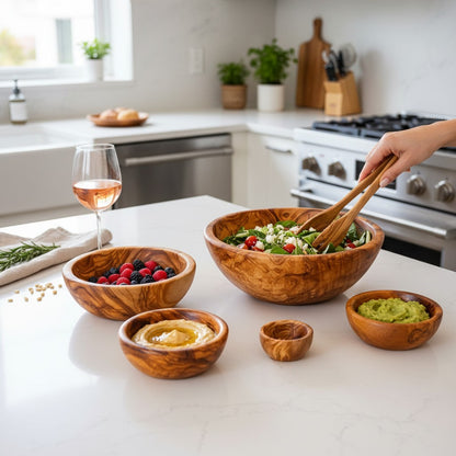 Handmade Olive Wood Bowl | Hand-Turned Wooden Salad Fruit & Serving Bowl | Beautiful Swirling Natural Grain | 6–20 cm