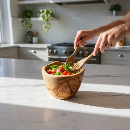 Handmade Olive Wood Live Edge Salad Bowl | Deep Freeform Fruit Serving & Mixing Bowl | Unique Natural Bark Edge | 12–38 cm