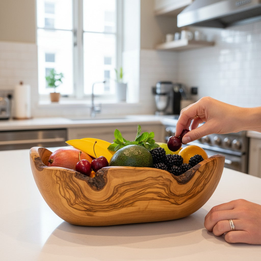 Hand-Carved Olive Wood Salad Bowl – Multi-Size Natural Rustic Serving Bowl (20cm - 45cm) – Artisan Fruit & Pasta Centerpiece Bowl