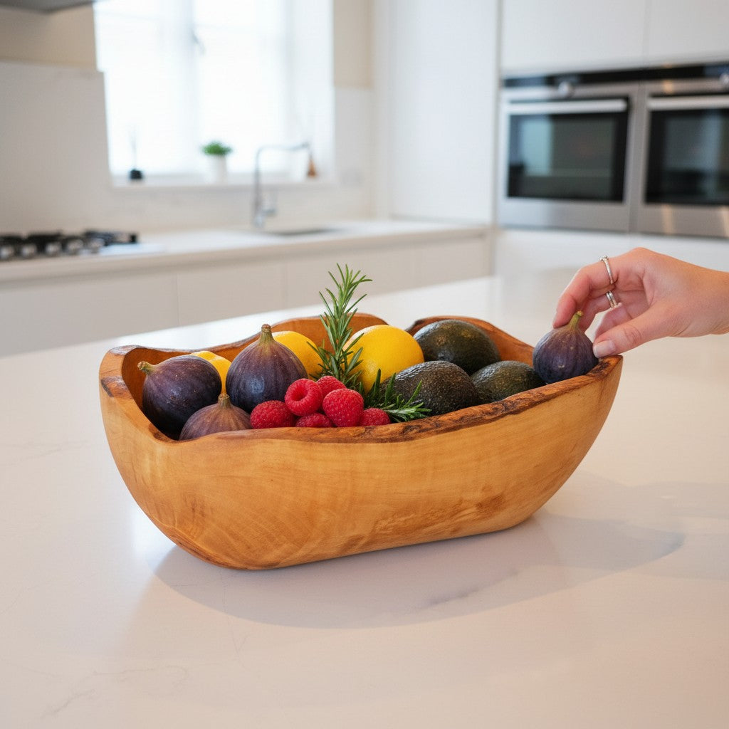 Hand-Carved Olive Wood Salad Bowl – Multi-Size Natural Rustic Serving Bowl (20cm - 45cm) – Artisan Fruit & Pasta Centerpiece Bowl