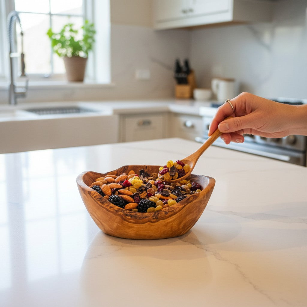 Hand-Carved Olive Wood Salad Bowl – Multi-Size Natural Rustic Serving Bowl (20cm - 45cm) – Artisan Fruit & Pasta Centerpiece Bowl