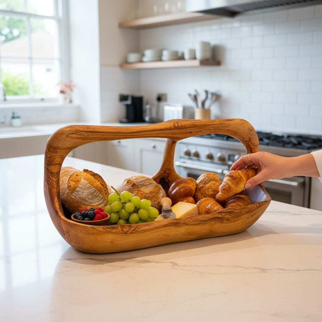 Artisan Olive Wood Fruit Basket with Integrated Handle – Hand-Carved Rustic Serving Caddy – Natural Wood Centerpiece (Sizes 15cm to 35cm+)
